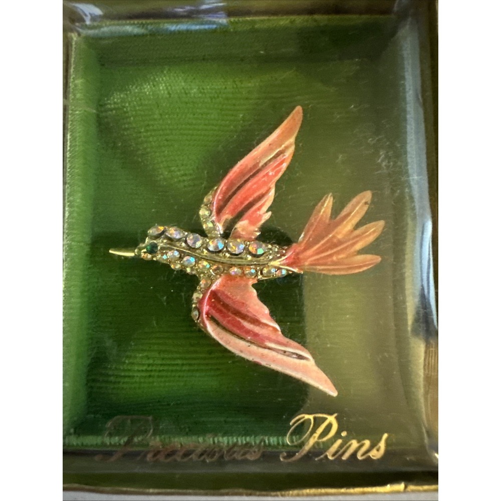 Pink Bird Brooch Pin With Ab Rhinestones & Pink Enamel Vintage Flying Bird